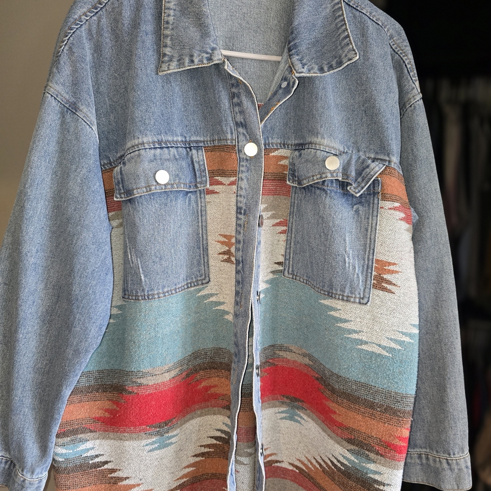 Denim Jacket with Southwestern Pattern